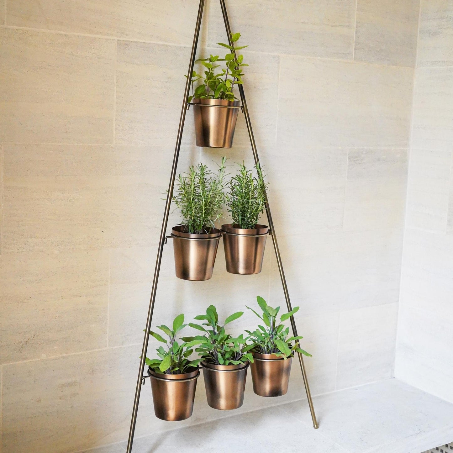 Outdoor Vertical Gold Metal Wall Plant Stand with Planters by Ivyline