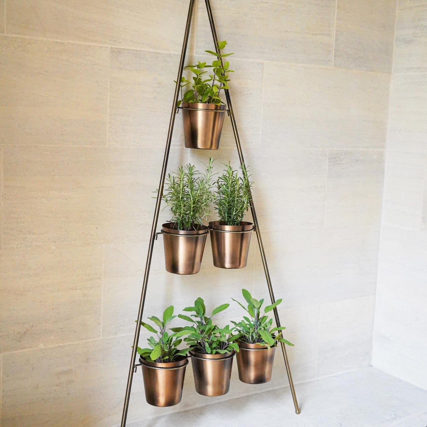 Outdoor Vertical Gold Metal Wall Plant Stand with Planters by Ivyline
